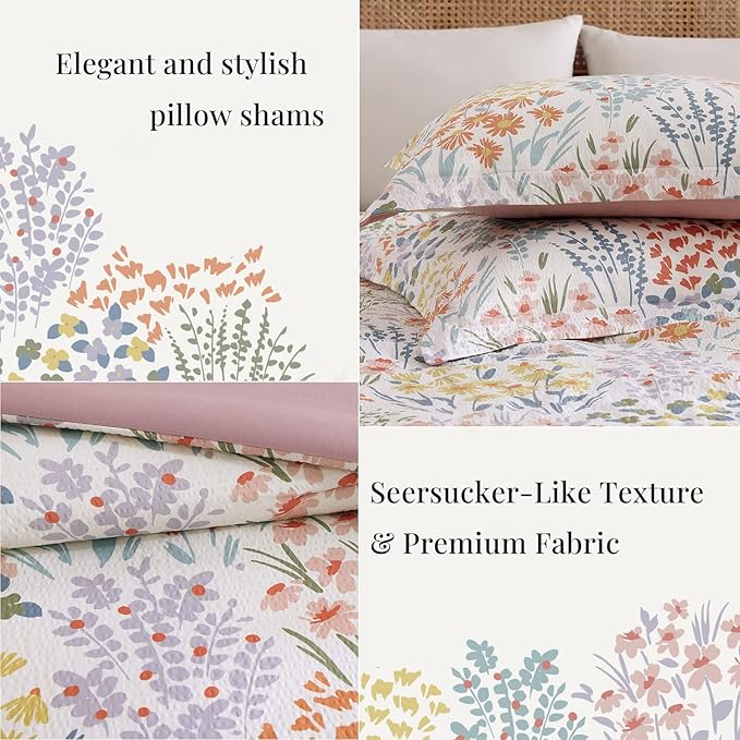 CASAAGUSTO King Comforter Set, 7 PCS Pinkish Floral Comforter Set with Flowers Leaves Pattern, Soft Seersucker Design All Season King Size Bedding Set(102"X90")