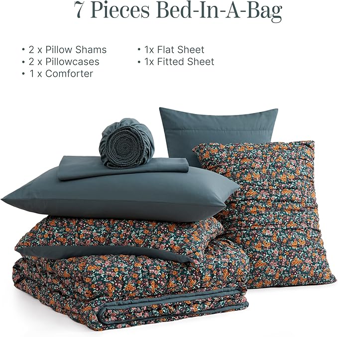 King Comforter Set-7 Pieces Dark Green Classic Puff Floral Bedding Sets for All Seasons,Shabby Chic Farmhouse Bed in a Bag King with Wildflowers Fluffy Comforter,Sheets, Pillowcases & Shams