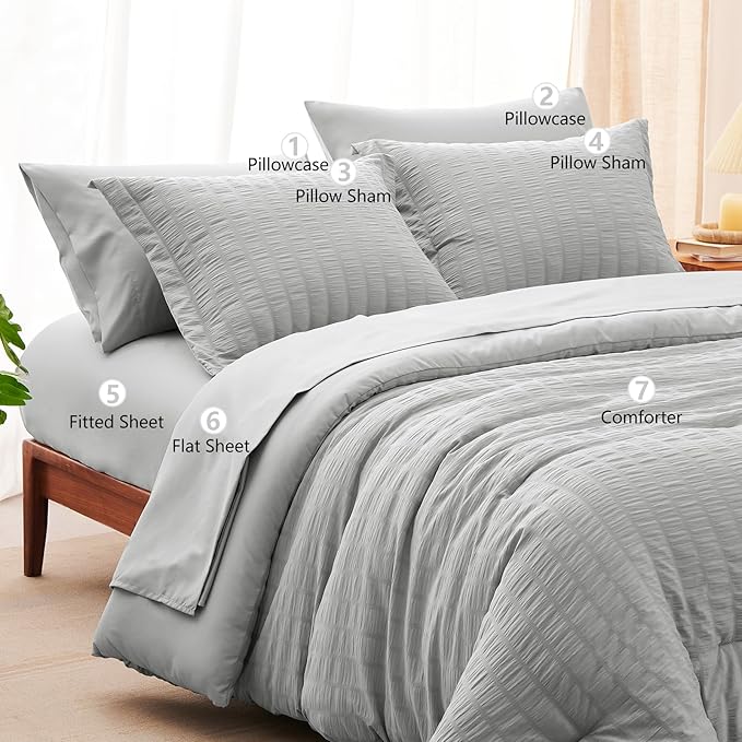 CozyLux Oversized King Comforter Set Light Grey Seersucker 7 Pieces Bed in a Bag King Comforter Set with Sheets, Luxury Soft Bedding Set with Down Alternative Comforter, Sheets, Pillowcases & Shams