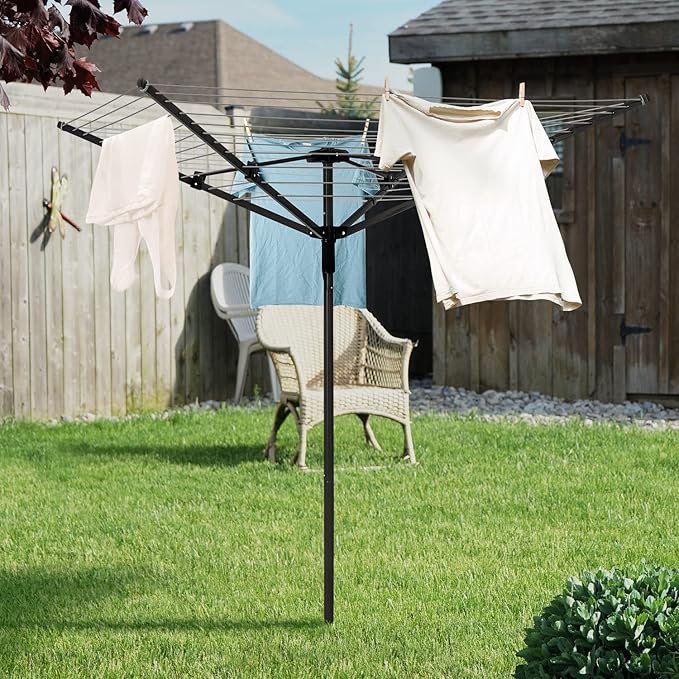 Nisorpa Rotary Outdoor Umbrella Drying Rack Adjustable Height Clothesline w/Waterproof Protective Cover Folding Rotary Dryer with 4-Aluminum Arms and Steel Post 12-Lines with 165 ft Clothesline