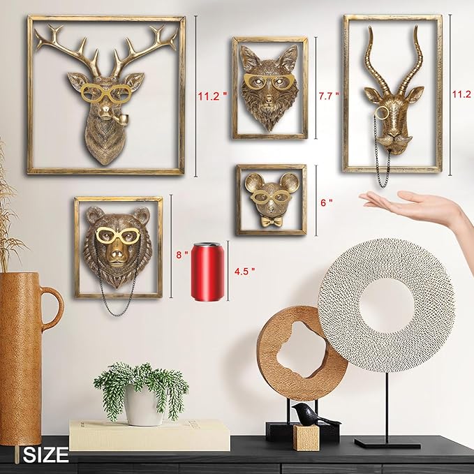 Newinhome Animal Heads Wall Decor (Includes Metal Frame) Resin Animals Sculptures Head Wall Hanging Decoration Gold vintage Wall Sculpture for Living Room Bedroom Office(Antelope)