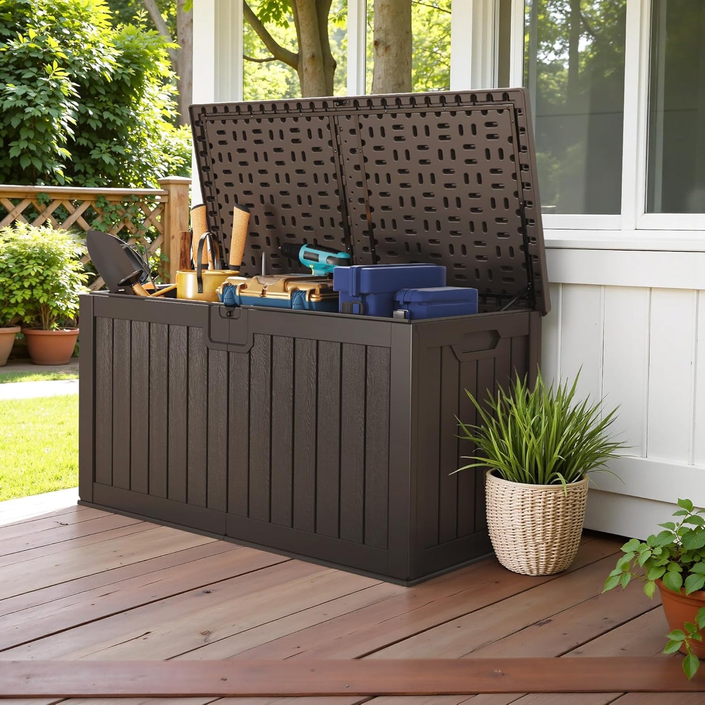 Devoko 240 Gallon Double-Wall Deck Box with Divider, Side Handles, Resin Outdoor Large Storage Box Waterproof and Lockable for Patio Furniture, Garden, Pool (Brown)