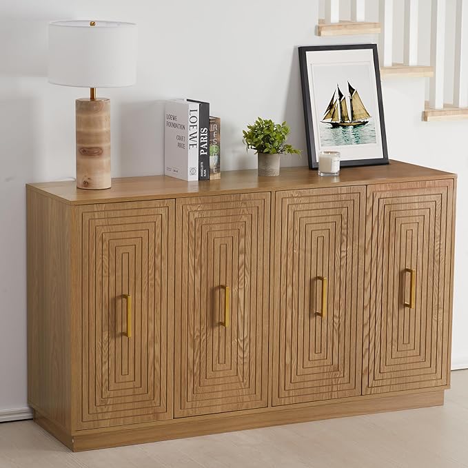 RoyalCraft 60'' Large Buffet Cabinet with Storage, Fluted Sideboard with Doors and Adjustable Shelves, Wood Credenzas Console Coffee Bar Cabinet for Kitchen, Living Room, Rustic Oak