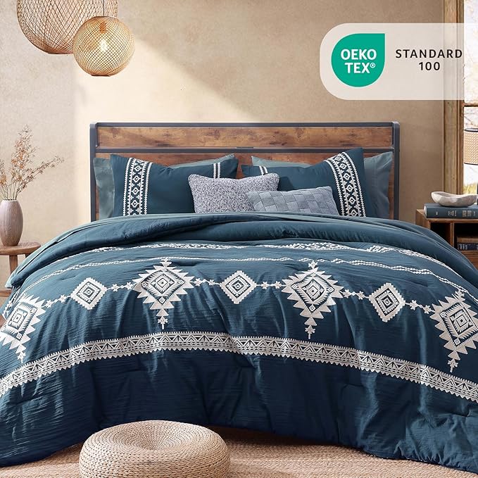 MaiRêve Embroidery King Size Comforter Set Navy Blue, Boho Farmhouse Western Bedding Set 7 Pieces, All Season Bed in A Bag Comforter Set with Sheets, Pillowcases & Shams