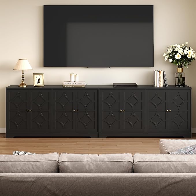 RoyalCraft Sideboard Buffet Cabinet, 56" Modern Credenza with 4 Doors and Adjustable Shelves, Wood Accent Cabinet Console Media for Entryway, Living Room, Kitchen, Satin Black
