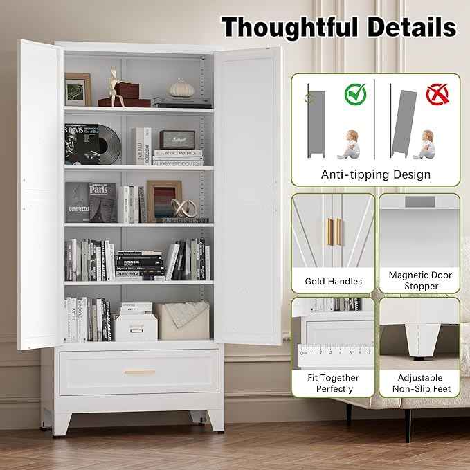 COFaR Metal Storage Cabinet, Farmhouse Storage Cabinet with 2 Doors and 4 Adjustable Shelves - 71" White Kitchen Pantry Storage 5-Tier Tall Steel Cabinets Locker for Kitchen, Living Room, Dining Room