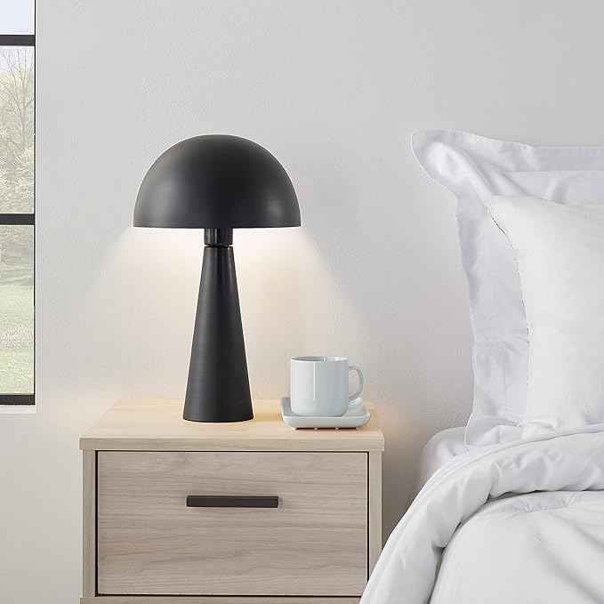 Nourison Home 16" Matte Black Metal Mushroom Table Lamp, Modern, Retro, Desk Light for Bedroom, Dining, Office, Entryway