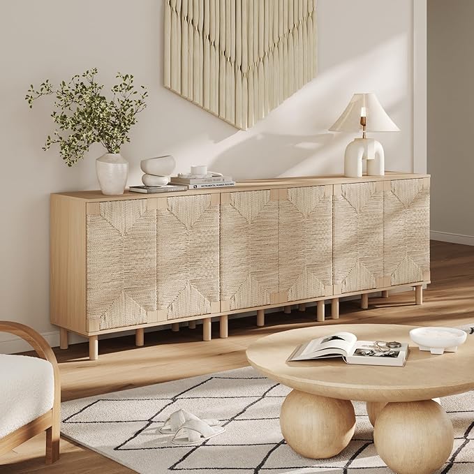 Nathan James Beacon Boho Accent Cabinet with Doors, Free Standing Kitchen Cabinet Storage with Adjustable Interior Shelf and Seagrass Accent, Seagrass/Raw Oak