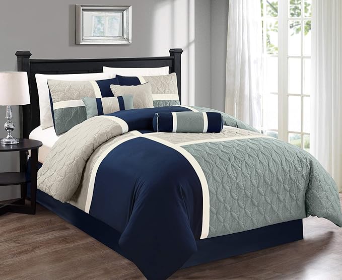Chezmoi Collection Upland 7-Piece Quilted Patchwork Comforter Set, Navy/Blue/Gray, California King