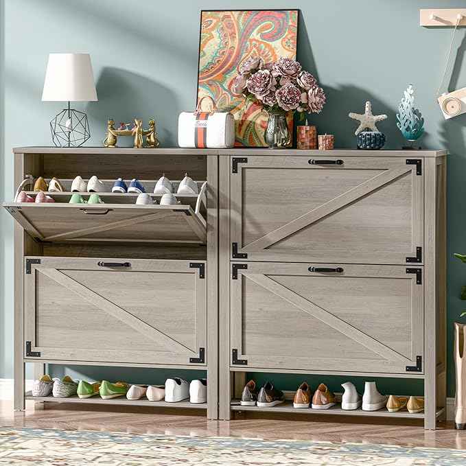 Vabches Shoe Storage Cabinet, 5-Tier Farmhouse Freestanding Organizer with 2 Flip Drawers, Wooden Shoes Rack Cabinets Storage Organizer with Doors for Entryway, Hallway, Closet, Rustic Grey