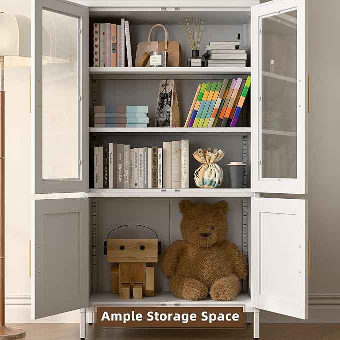 Metal White Arched Pantry Cabinet with 4 Doors,Arched Bookcase Cabinet with 2 Adjustable Shelves for Kitchen Home Office,Required Assembly