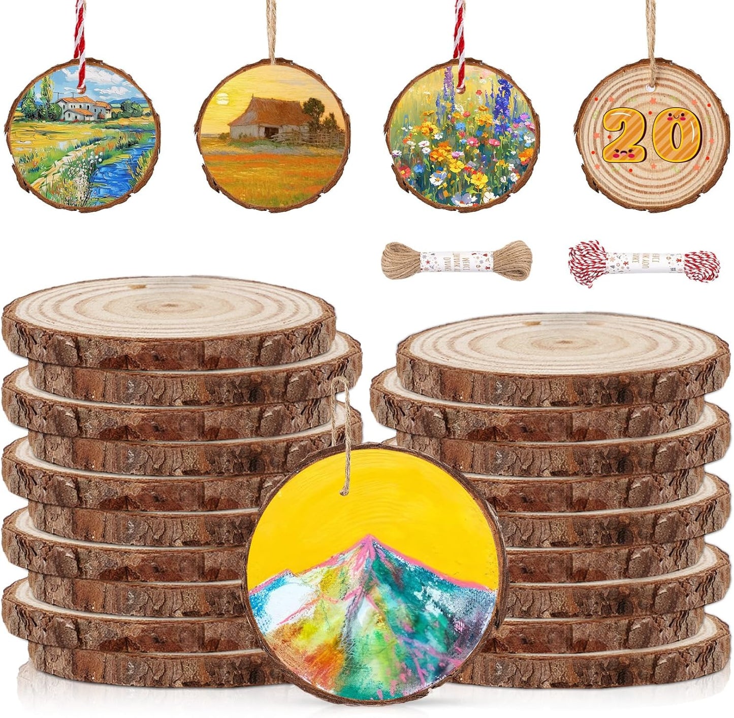 20 Pcs Wooden Discs for Crafts, 3.5''-4'' Wood Circles for Crafts, Wood Slices for Painting DIY Christmas Ornaments Party Wall Home Wedding Decor