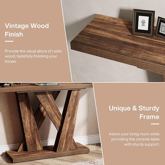 Tribesigns 55-Inch Farmhouse Console Table, Farmhouse Behind The Couch Table TV Stand with Geometric Base, Skinny Sofa Table Entryway Table for Entrance, Living Room, Hallway, Foyer, Rustic Brown