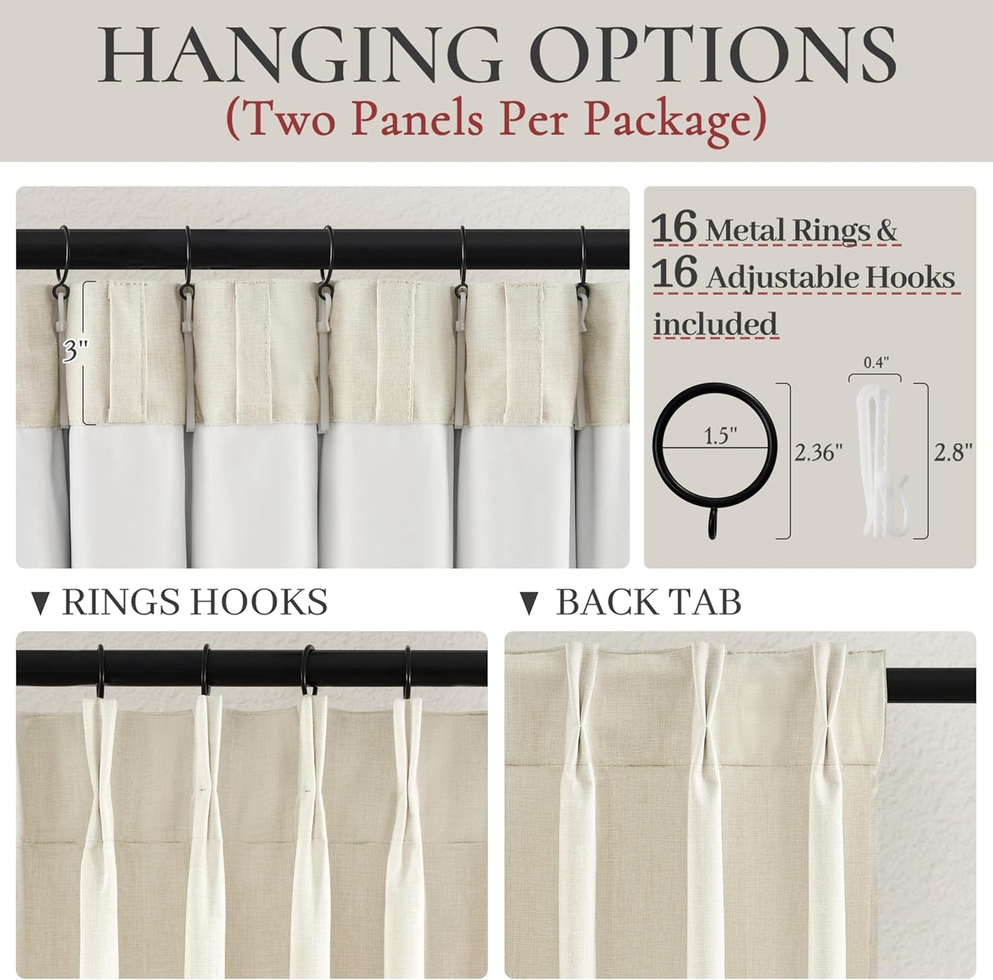 Pinch Pleat Cream Linen 102 Inch Long Curtains for Dining Room 2 Panels Set, Neutral Blackout Viral Curtain with Hooks Rings Back Tab for Office/Sunroom Privacy Thermal Drapes 40" W x 102" L