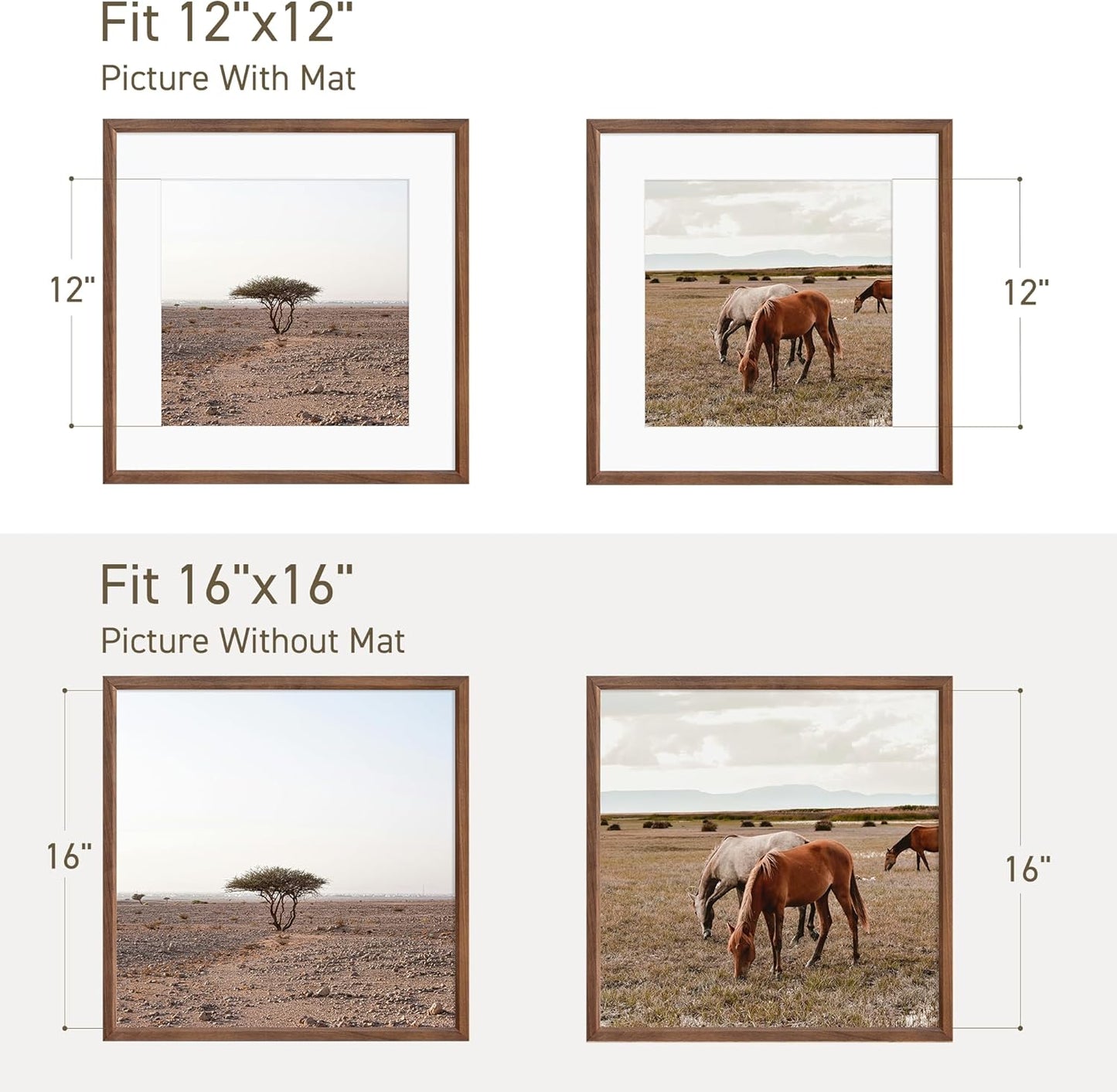 16x16 Picture Frame Set of 4 Natural Solid Walnut Photo Frames with 12x12 Removable Mat Wall Hanging Large Handcrafted Frame with HD Plexiglass Wall and Tabletop Display Large Poster Frame