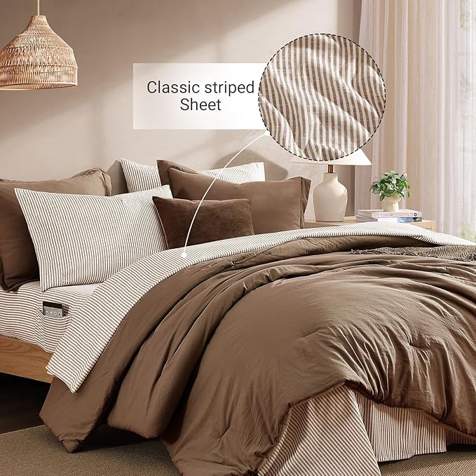 Monbix Full Size Comforter Set - 7 Pieces Brown Prewashed Bed in a Bag Full Bedding Sets with Comforters, All Seasons Ultra Soft Comforter Bed Set with Sheets,Pillowcases & Shams