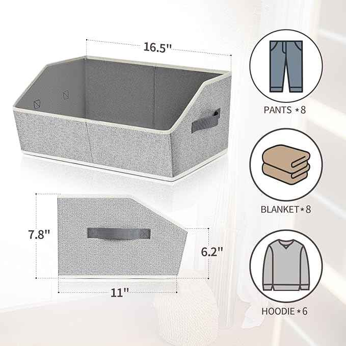 Trapezoid Closet Shelf Organizer - Large Baskets for Organizing, Storage Baskets for Shelves, Cubbies Storage Bins for Clothes, Books, Blankets, 4 Pack, Light Gray
