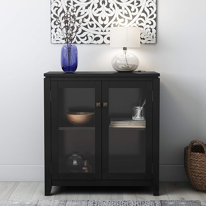 SIMPLIHOME Cosmopolitan Storage Cabinet - 30 inch Wide Solid Wood Low Cabinet in Black, Contemporary Console for Entryway, Living Room, or Dining Room with Glass Doors and Adjustable Shelves