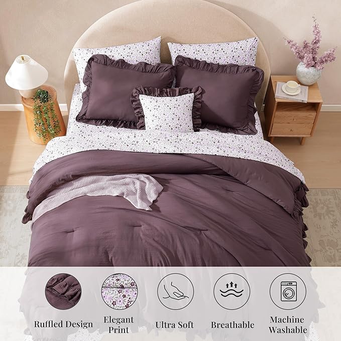 California King Comforter Set - 7 Pieces Ruffle Dark Purple Bedding Sets, Shabby Chic Farmhouse Bed in a Bag with Ruffle Comforter, Floral Sheets, Pillowcases & Shams