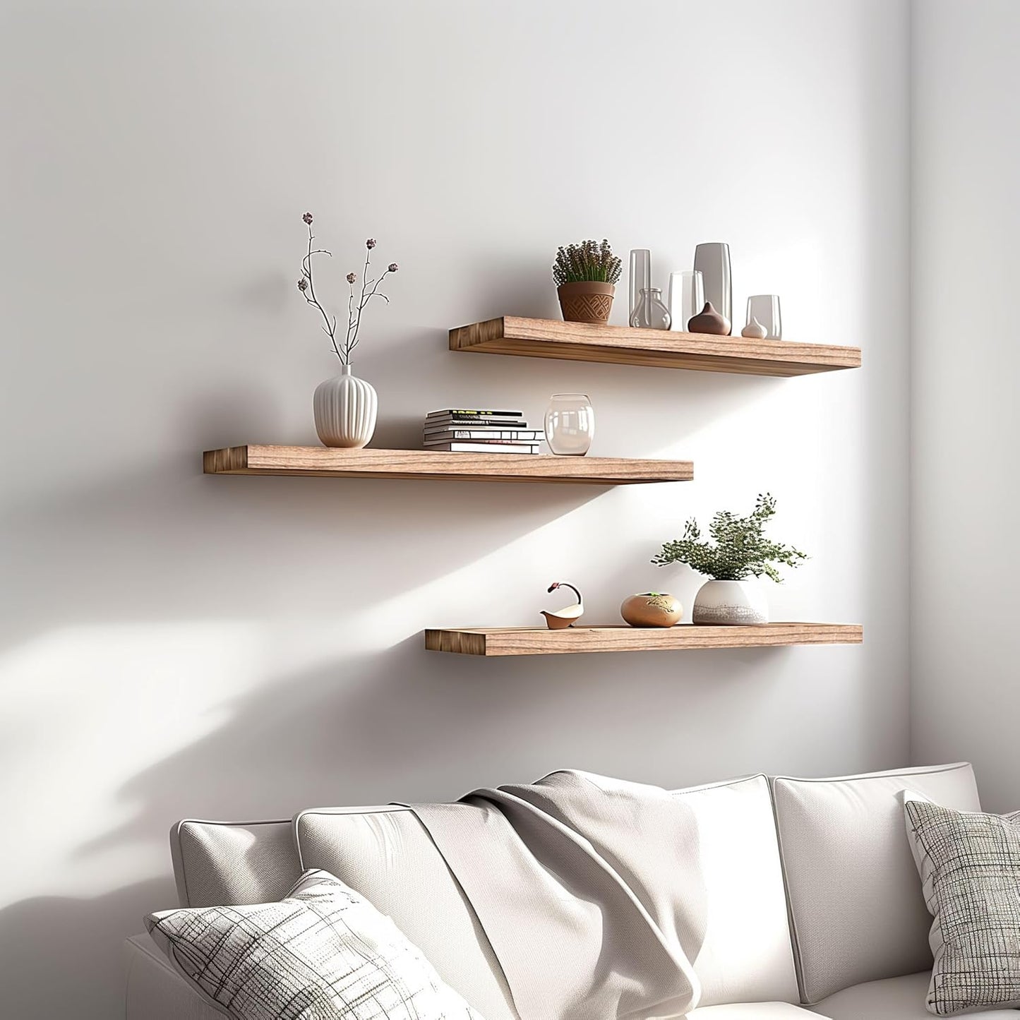Wood Floating Shelves for Wall Decor, Rustic Wall Shelves for Bedroom Bathroom Kitchen Living Room, Set of 4 Light Walnut 24 Inch - Décor Diaries