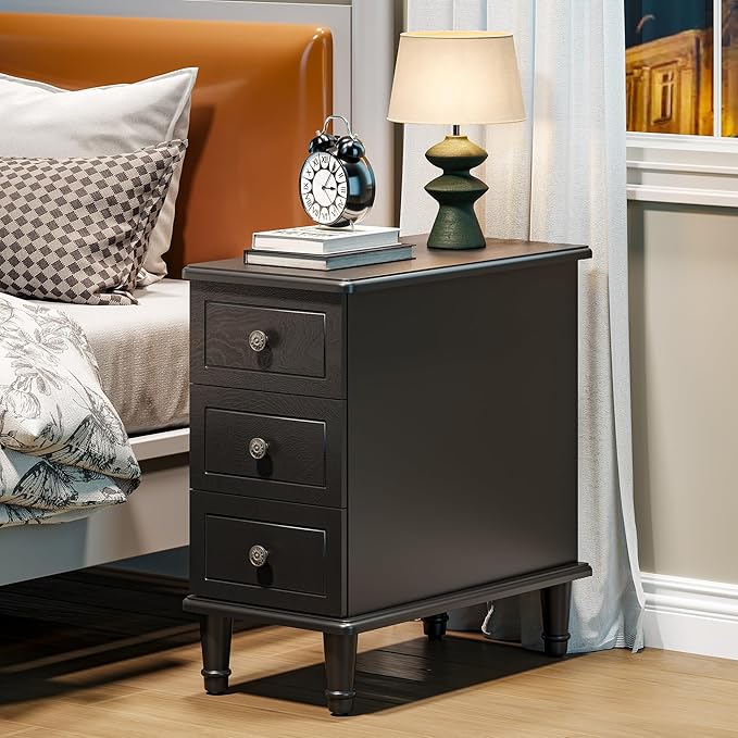 LITTLE TREE Fully Assembled End Table, Narrow Bedside Table with 3 Drawers, Vintage Nightstand for Small Spaces, Living Room, Bedroom, Black