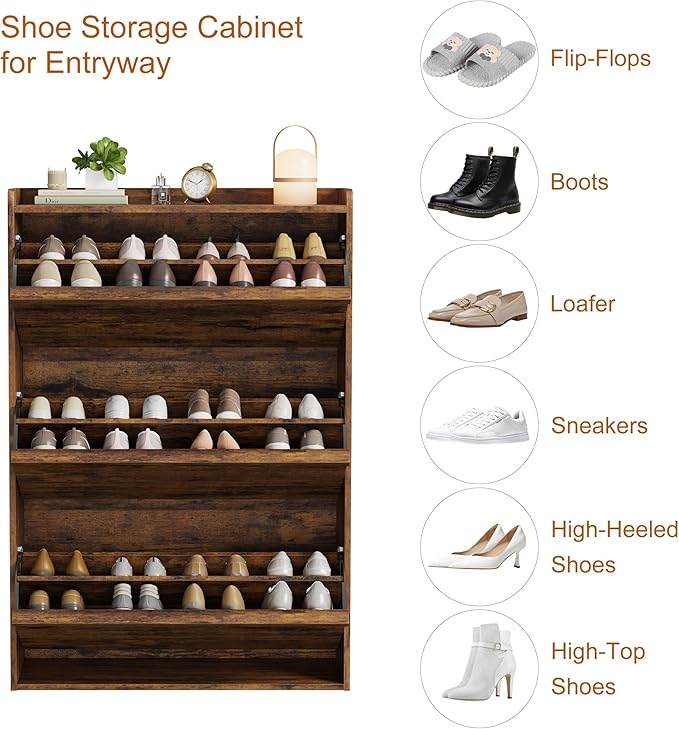 GarveeHome Shoe Cabinet with 3 Flip Drawers, Wooden Shoe Organizer Cabinet with Adjustable Shelf, Shoe Storage for Entryway, Hidden Shoe Cabinet for Hallway, Living Room, Rustic Brown