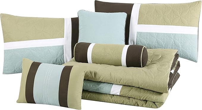 Chezmoi Collection 7-Piece Quilted Patchwork Comforter Set, Coffee Brown/Aqua Blue/Sage Green, California King