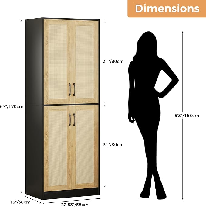 JASIWAY Kitchen Pantry Cabinet, 67" Tall Rattan Storage Cabinet with Doors and Adjustable Shelves, Wooden Linen Pantry Cupboard for Small Spaces Laundry Room Bathroom, Food Snack Towels Storage, Black