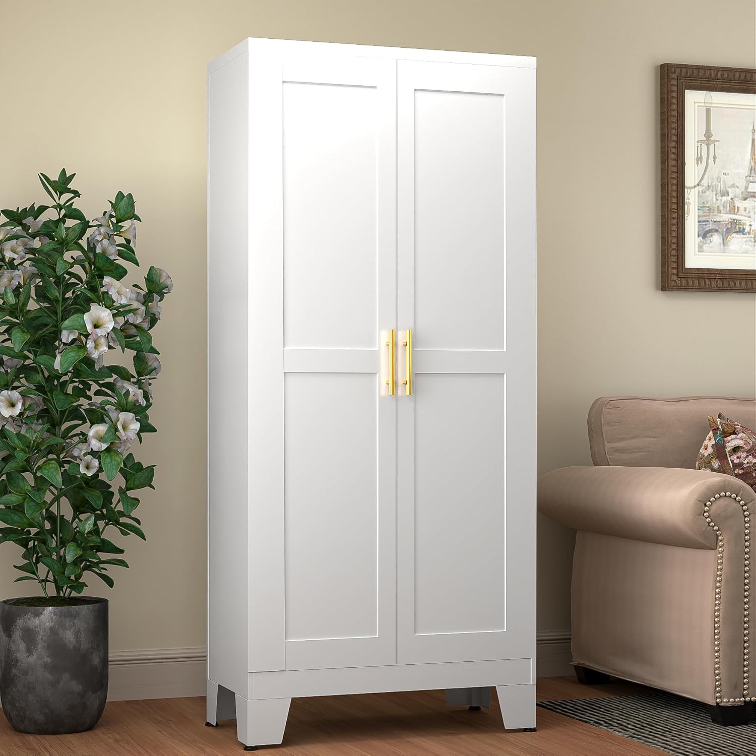 61.02" Pantry Cabinet, Kitchen Pantry Storage Cabinets with Adjustable Shelves and Feet, White Pantry Storage Cabinet for Kitchen, Dining Room, Living Room and Bathroom (White) Metal - Décor Diaries