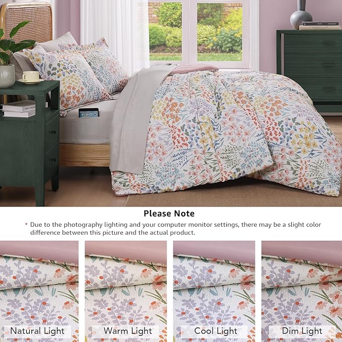 CASAAGUSTO Queen Comforter Set, 7 PCS Pinkish Floral Comforter Set with Flowers Leaves Pattern, Soft Seersucker Design All Season Queen Size Bedding Set(80"X90")
