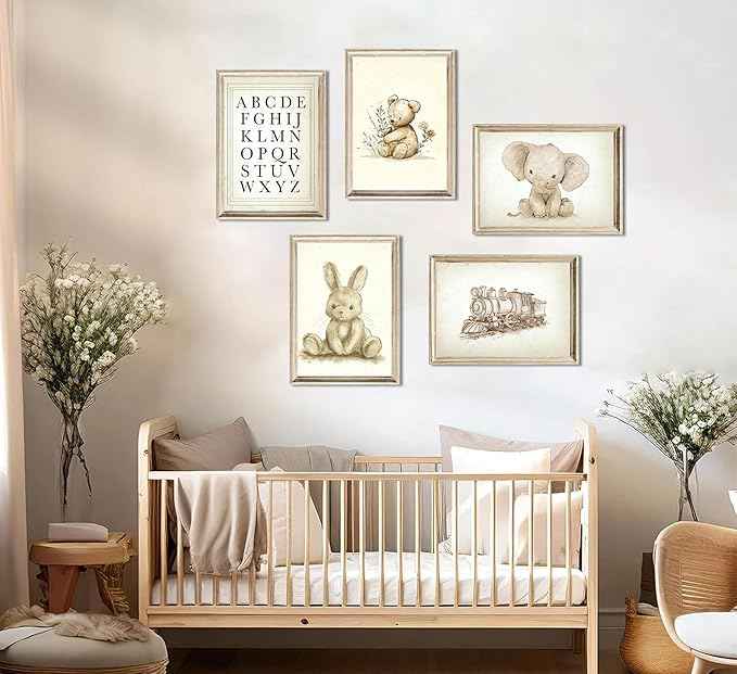 Vintage Nursery Wall Art Cute Animals Canvas Posters Prints Bear Rabbit Elephant Painting Artwork Retro Farmhouse Children's Playroom Educational enlightenment Wall Decor 8x10 Inch Unframed Set Of 5