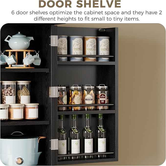 IRONCK Farmhouse Kitchen Pantry Cabinet, 72" Height Tall Freestanding Cupboard with Sliding Storage Rack and 6 Hanging Shelves for Kitchen, Dining Room, Black