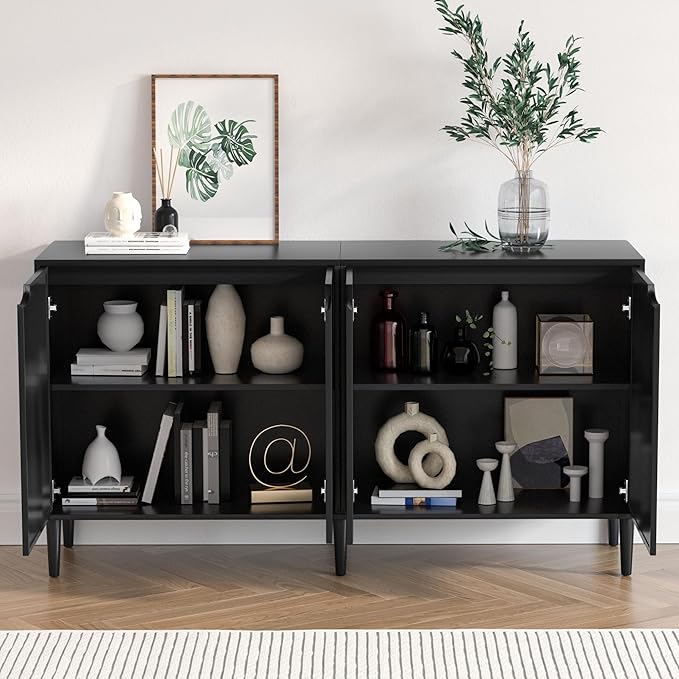 63" Rattan Sideboard Buffet Cabinet with 4 Doors, Wood Large Kitchen Storage Cabinet Black Accent Cabinet with Adjustable Shelf Credenzas for Kitchen Living Room Hallway