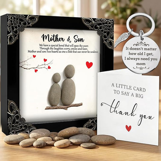 Mom Birthday Gifts from Son, Pebble Art Frame Mother and Son Plaque, Motherhood Engraved Keychain for Women, Thank You Card, Best Mom Ever Gifts, Valentines Day Mothers Day Present S16-47