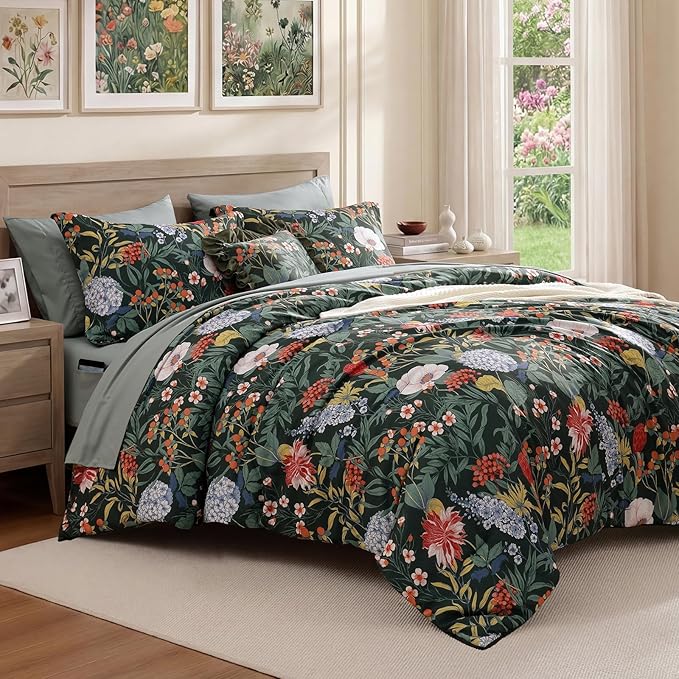 CASAAGUSTO King Size Comforter Set-7 Pieces Green Botanical Floral Bedding, Flowers Printed Design King Bed in a Bag with Botanical Flowers Comforter, Sheets, Pillowcases & Shams