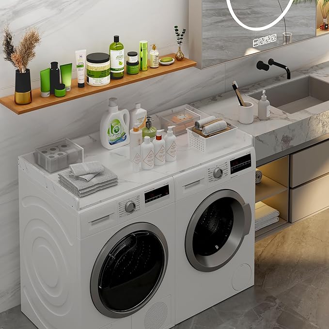 efluky Washer Dryer Countertop, Wood Countertop with Edge Rails for Laundry Room Organization and Storage, Washer Dryer Topper for Laundry Room, 27.5" x 54" White Marble