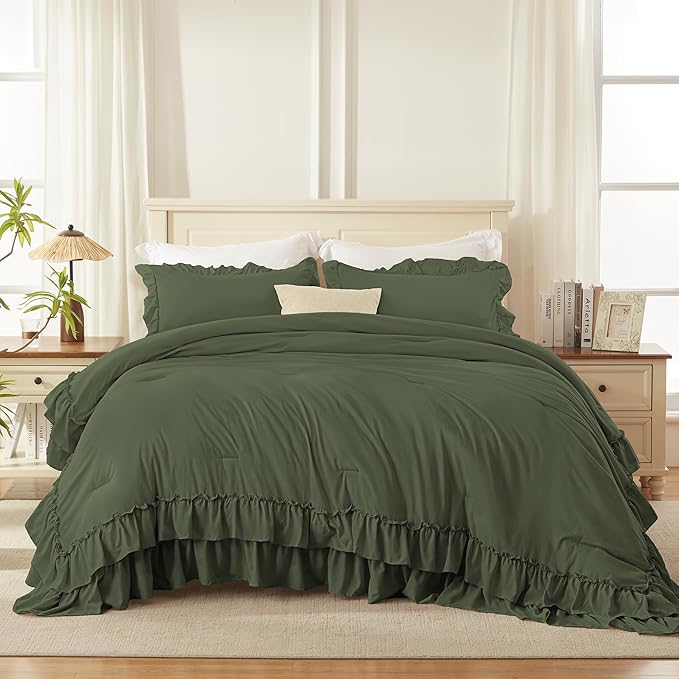 Andency Olive Green Queen Comforter Set (90x90Inch), 3 Pieces Lightweight Fluffy Ruffle Bedding Comforter Sets for Queen Bed, Farmhouse Shabby Chic Soft Microfiber All Season Bed Set