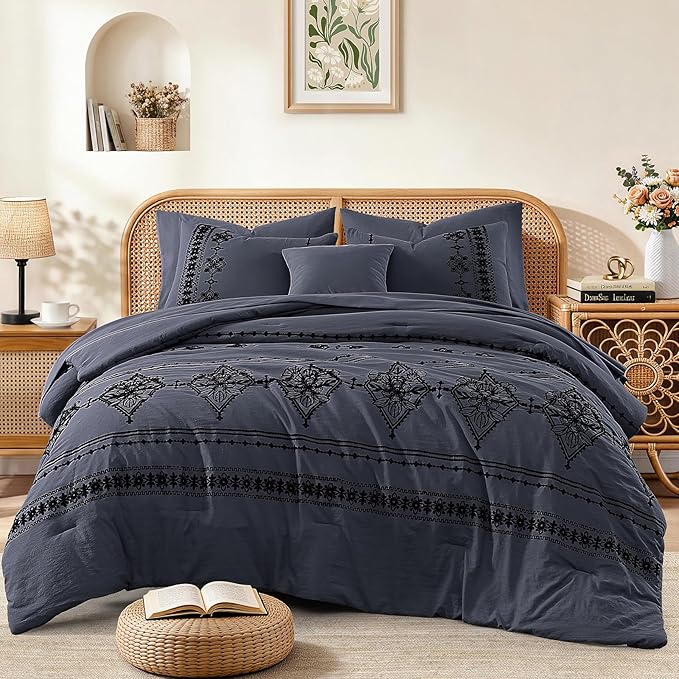 MaiRêve Queen Size Comforter Set Crown Blue, Embroidery Floral Western Boho Bedding Set, All Season 7 Pieces Bed in a Bag with Sheets, Pillowcases & Shams