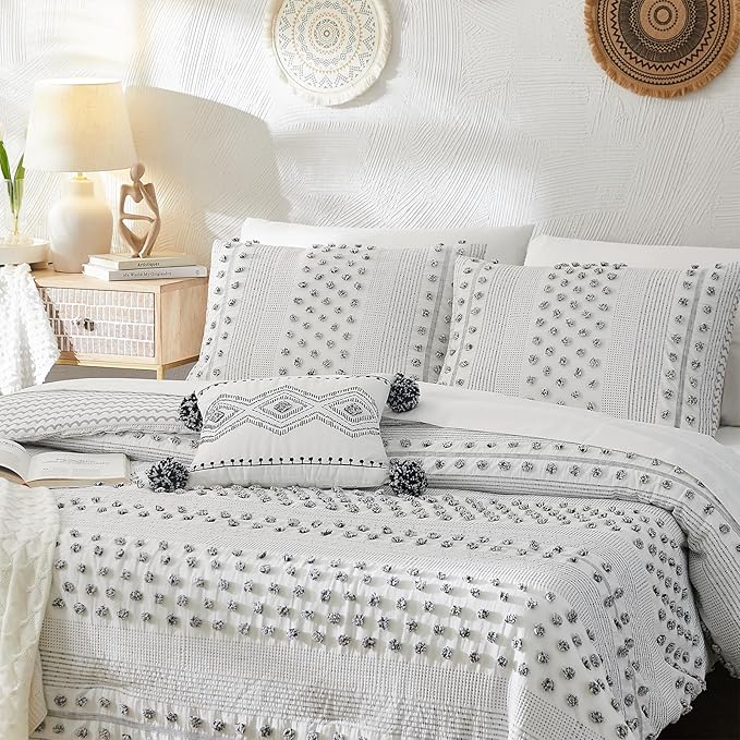 Geniospin Queen Comforter Set 7 Pieces, Bed in A Bag with Comforter, Sheets, Pillowcases & Shams, Pom Tufted Design, All Season Down Alternative Bedding Sets