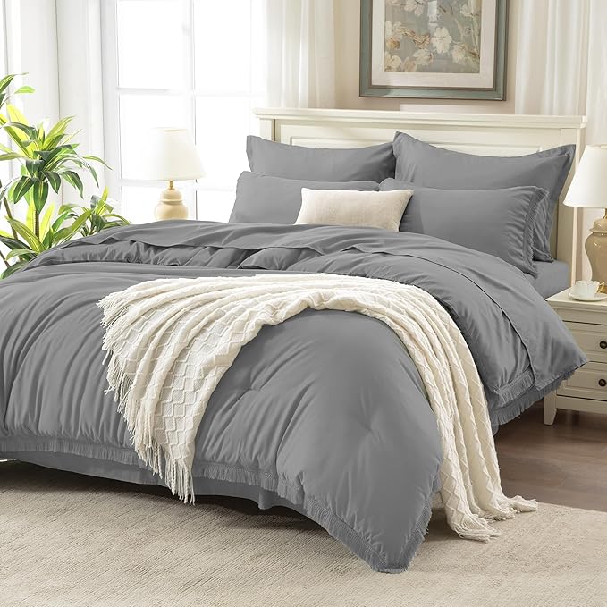Andency California King Size Comforter Set with Sheets Medium Grey - 7 Pieces Cal King Bed in a Bag Boho Bedding Sets, Bed Set with Comforter, Sheets, Pillowcases & Shams