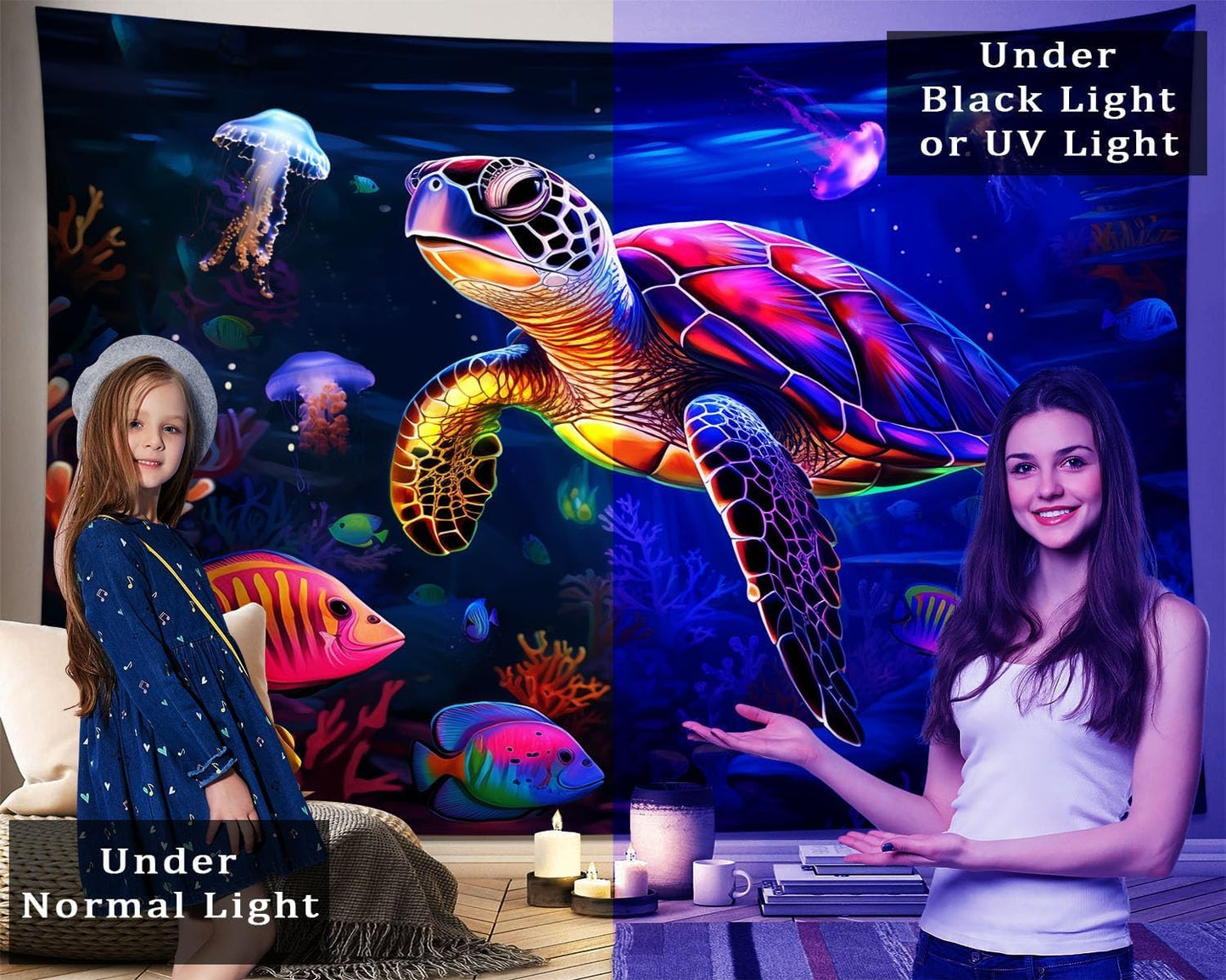 QGHOT Turtle Tapestry, Blacklight Ocean Tapestry Wall Hanging Undersea Black Light Poster for Kids Glow in the Dark for Bedroom Children Toddler Room Decor 80x60in