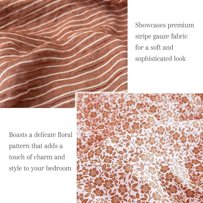 Full Comforter Set - 7 Pieces Autumn Leaf Gauze Muslin Bedding Sets for All Seasons, Lightweight Breathable Bed in a Bag Full with Revesible Farmhouse Comforter, Sheets, Pillowcases & Shams