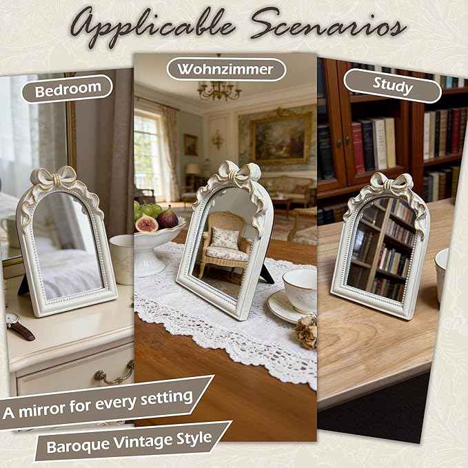 Vintage Carved Resin Desk Mirror - 8x6Inch Decorative Vanity Mirror for Makeup, Dorm, Bedroom & Tabletop Deco