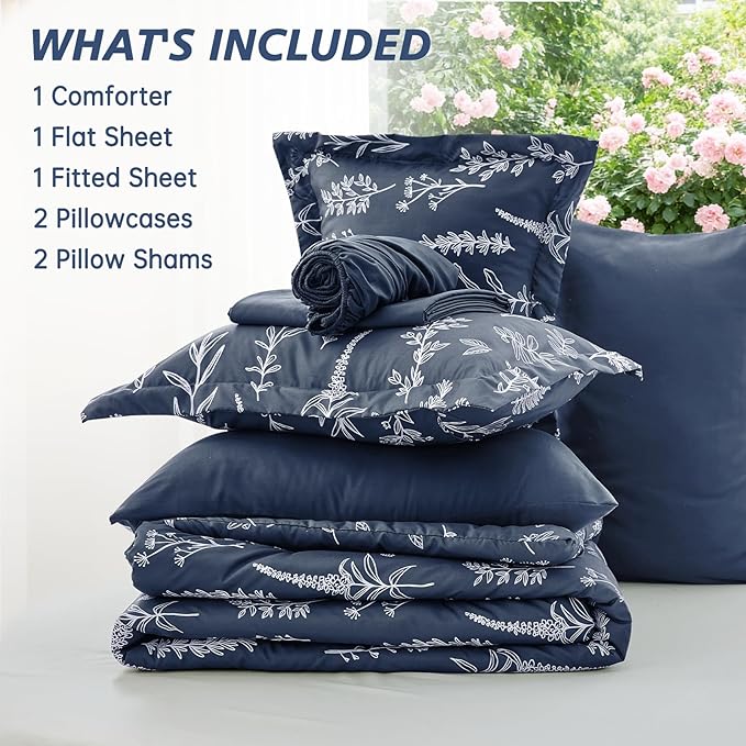 MUXHOMO Navy Blue King Comforter Set, Elegant Floral Print Bed in a Bag 7 Pieces, Ultra Soft & Breathable Reversible Botanical Pattern Bedding Set with Comforter, Sheets, Pillowcases, and Shams