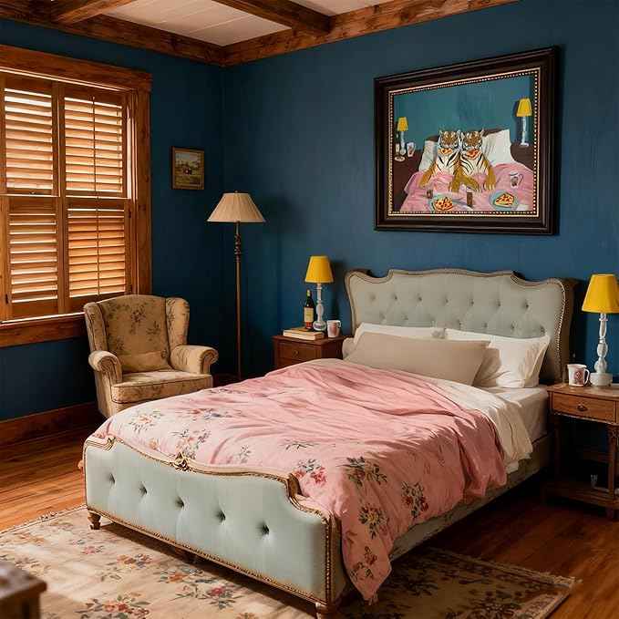 LSXARTQQ Framed Funny Tiger Pizza Wall Art Dark Brown Frame Bedroom Picture Print Vintage Fun Tigers Couple Canvas Wall Decor Maximalist Blue Pink Eclectic Jungle Animal Paintings(16x24inch)