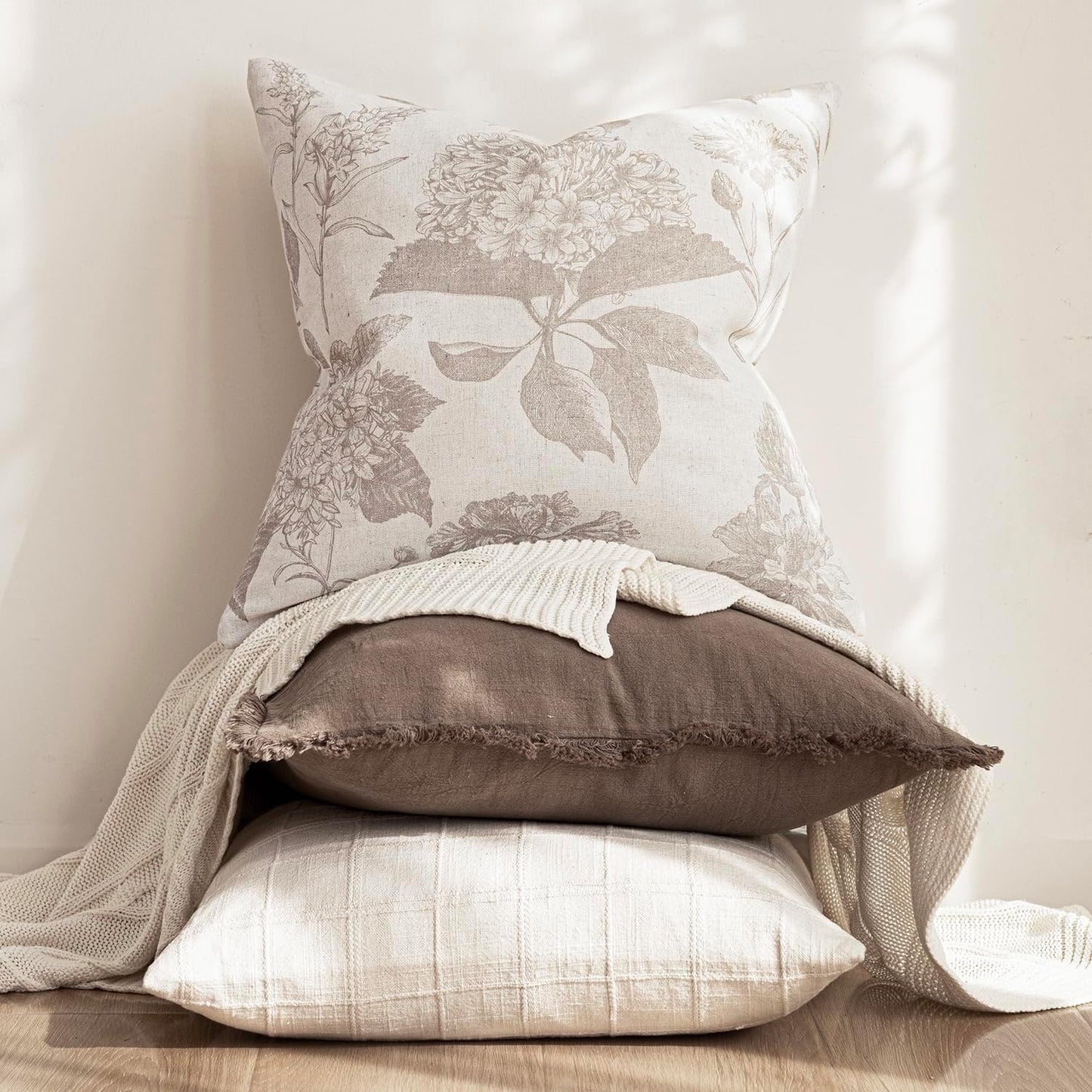 Foindtower Set of 2 Linen Floral Vintage Throw Pillow Covers Neutral Accent Decorative Cushion Covers Farmhouse Boho Home Decor for Sofa Chair Couch Bedroom Living Room Outdoor,24×24 Inch,Tan Beige