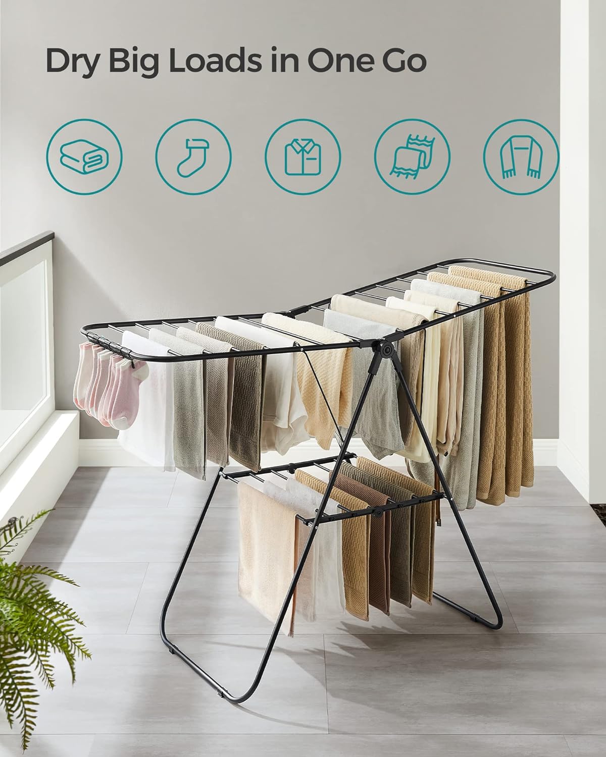 SONGMICS Clothes Drying Rack, with Sock Clips, Metal Laundry Rack, Foldable, Space-Saving, Free-Standing Airer, with 2 Height-Adjustable Gullwings, Indoor Outdoor Use, Black ULLR052B01