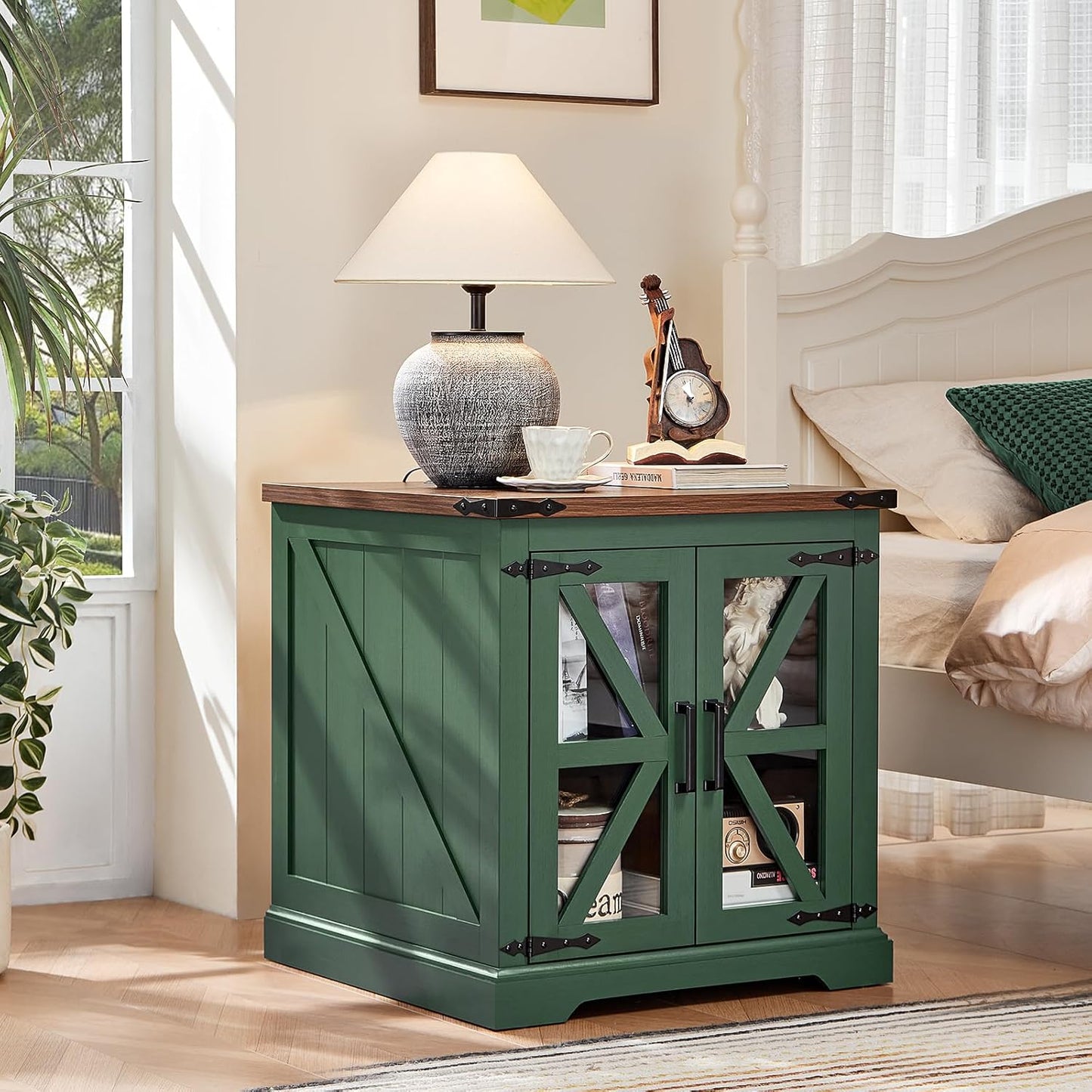 24" End Table with Charging Station, Farmhouse Night Stand with Glass Barn Door, Green Nightstands with Adjustable Storage Shelf, Large Wood Square Bed Side Table for Living Room, Bedroom