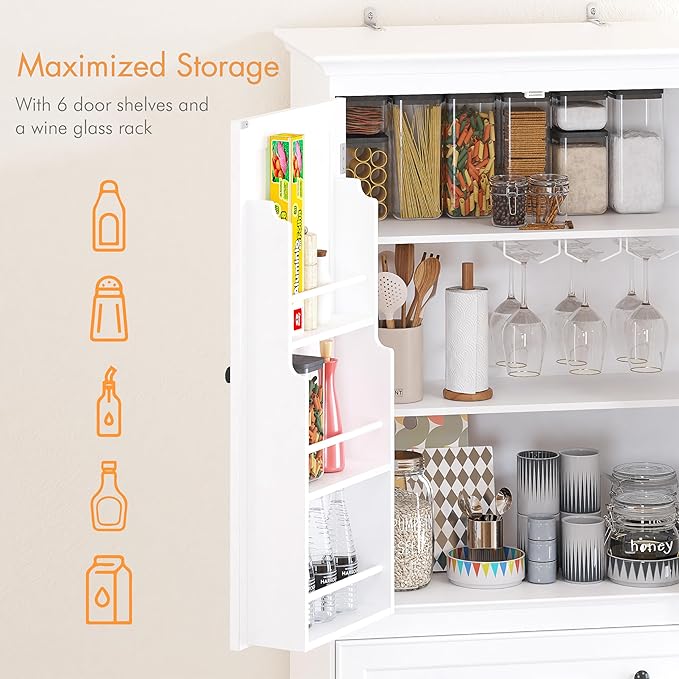 Spirich 71'' Tall Kitchen Pantry Cabinet, Wood Food Pantry Cabinet with Drawers and Wine Glass Rack, Freestanding Storage Cabinet for Kitchen, Living Room, Dining Room, White