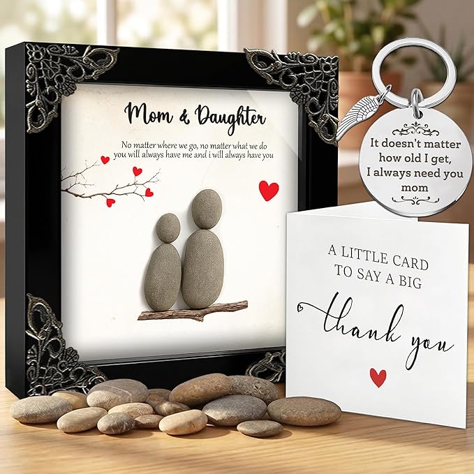 Mothers Day Mom Gifts from Daughters – 4.7" Pebble Art Frame Mothers Day Plaque, Engraved Mom Keychain, Card – Birthday Gift Set for Moms, Mother, Mama from Daughter Son, Best Mum Ever Keepsake S15-47